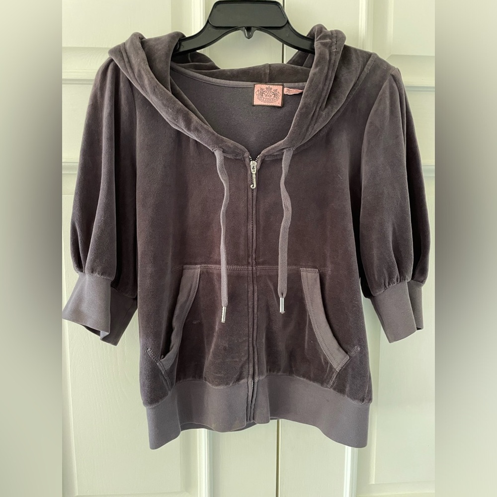 Vintage Y2K Juicy Couture Terry Velour Puff Sleeve Hoodie Jacket Slate size L